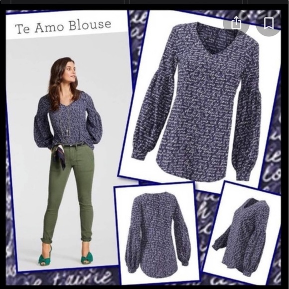 cabi style # 5336 Size L Te Amo Love Print Women’s Navy blue V Neck Blouse - Picture 6 of 9